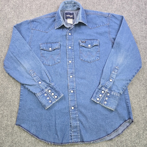 Vintage Wrangler Mens Large Distressed Denim Pearl Snap Western Shirt - Picture 1 of 7